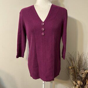 Dressbarn Knit Top Women Purple Ribbed V-Neck 3/4 Sleeve Button Accents Sz XL